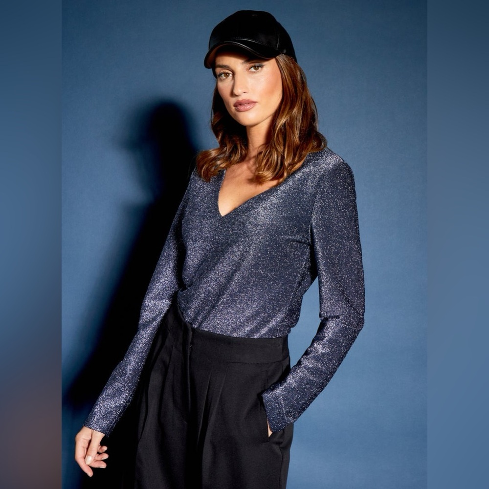 SET SHINY LONG SLEEVE GLITTER T-SHIRT AND SHINY WIDE LEG TROUSERS - BLUE Size S